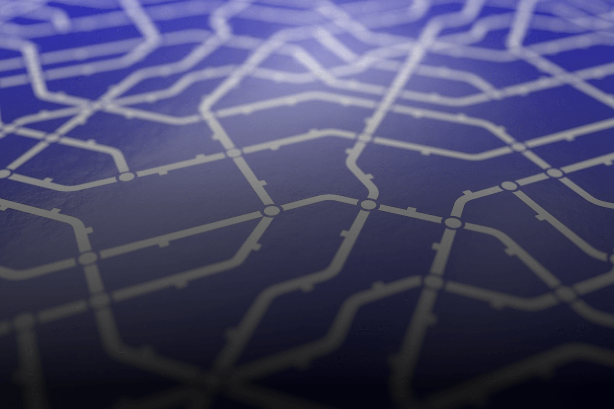 bluepaths Metro scheme, railway transport or city bus map printed on blue glossy paper surface. Close up macro view. Abstract 3D illustration