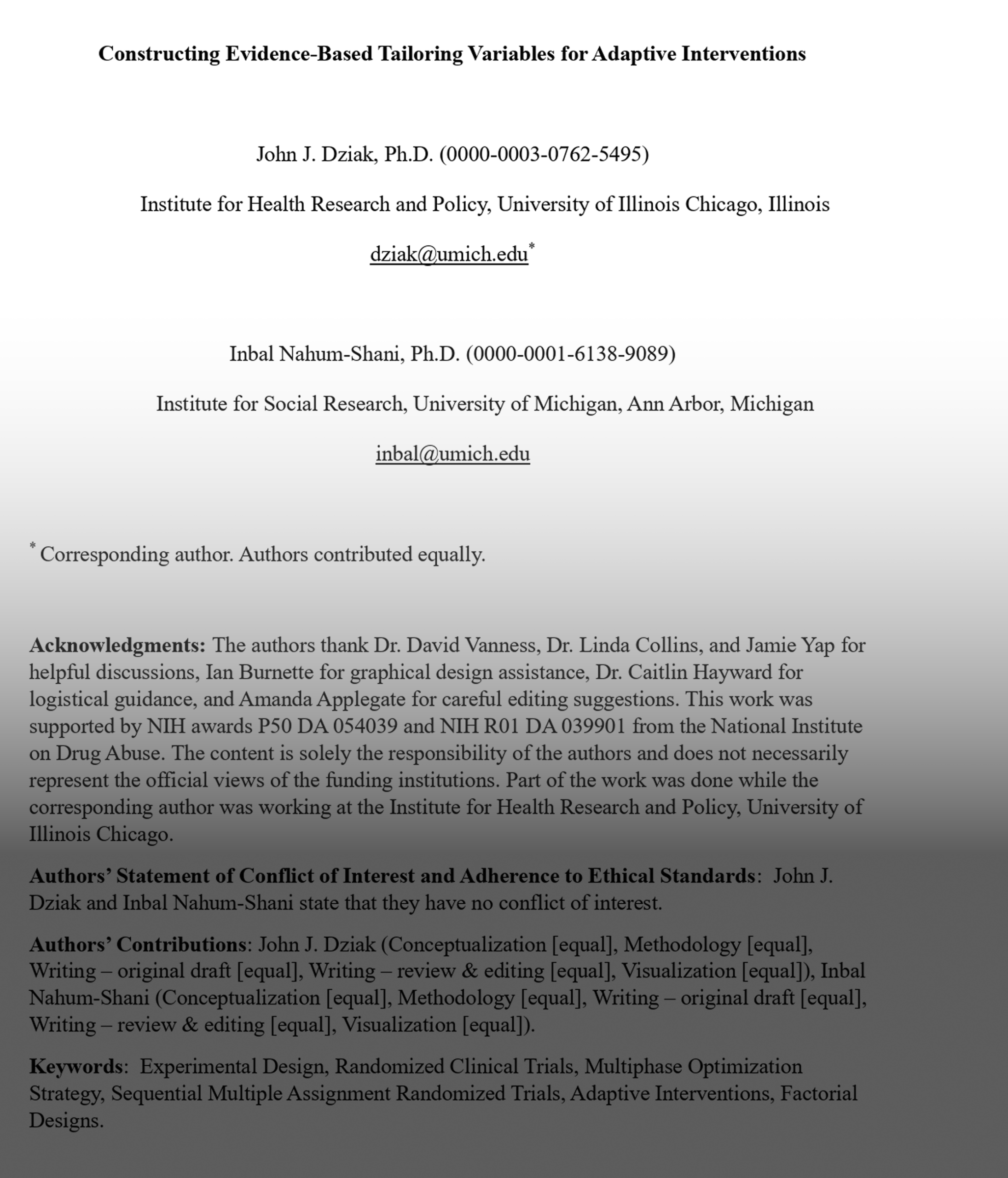 Constructing Evidence-Based Tailoring Variables for Adaptive Interventions document screenshot of the homepage
